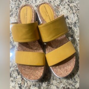 Adrienne Vittadini Mustard Yellow Double Strap Cork Slides